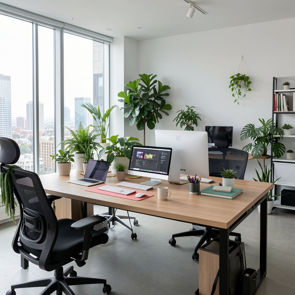 Modern workspace with indoor plants and digital tools